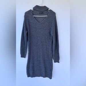 Women’s Solutions Gray Knit Sweater Dress Size S V Neck Turtleneck Long Sleeve